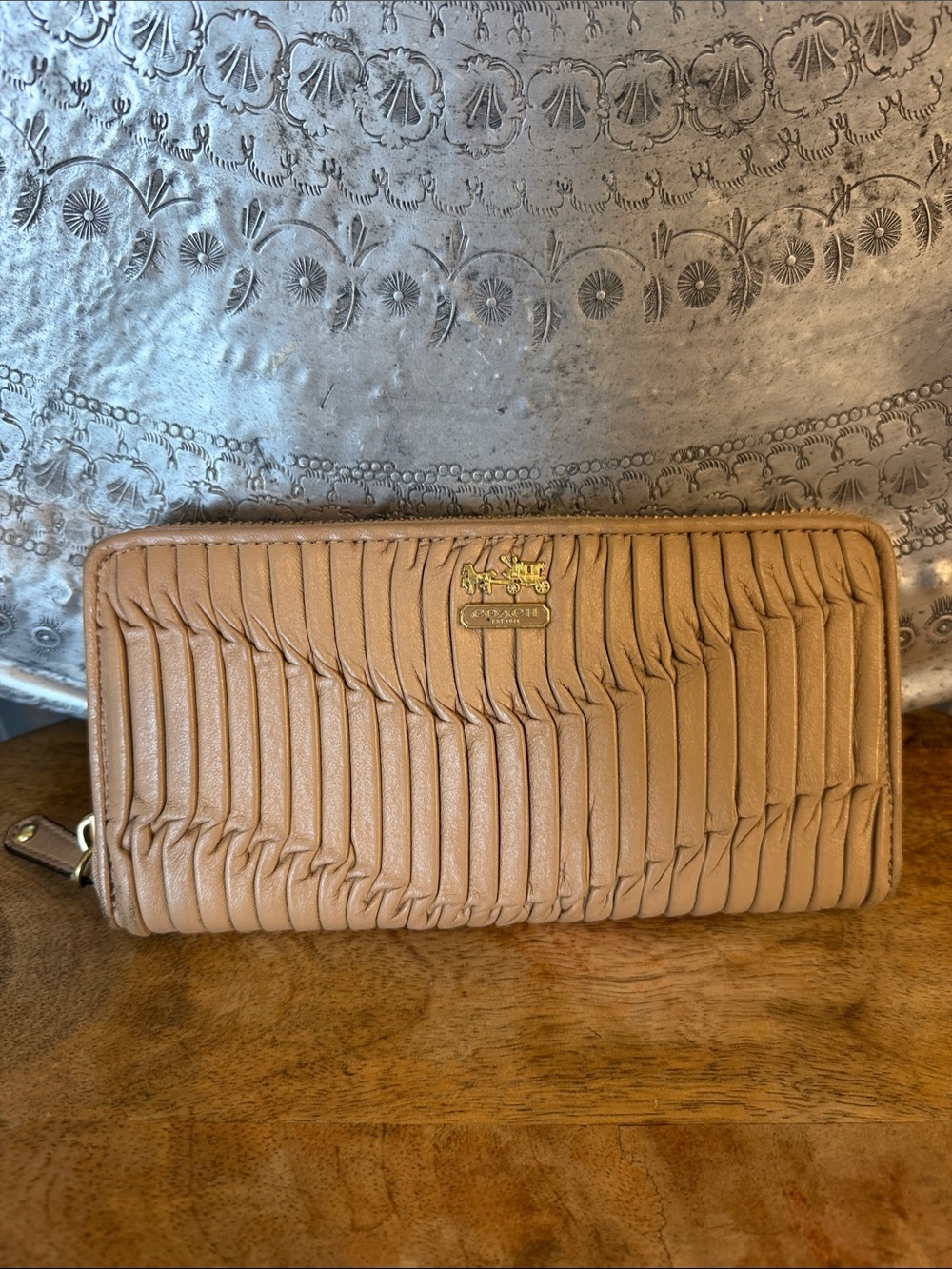 Coach Beige/Tan Gathered Leather Zip-Around Wallet with Gold Logo